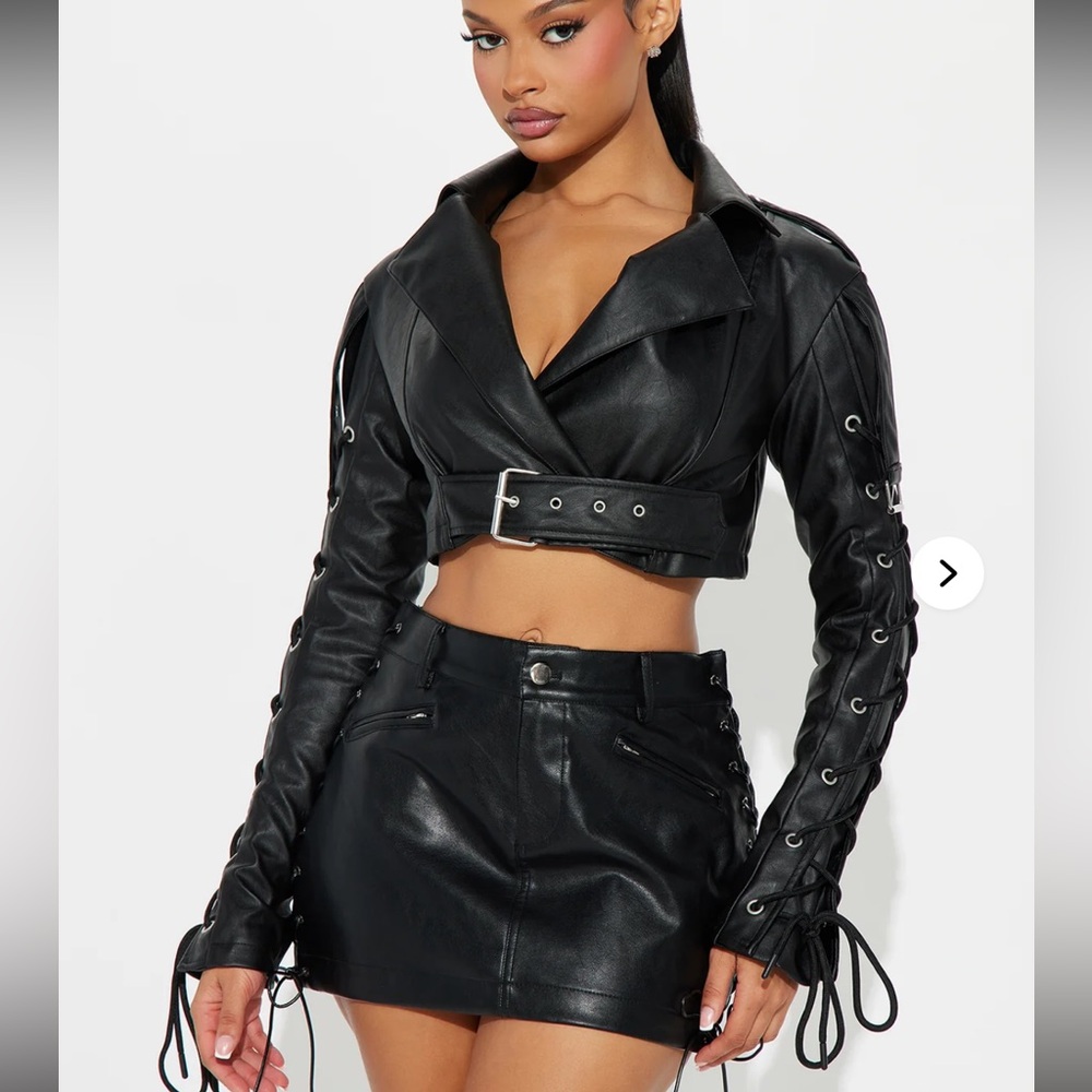 Faux leather lace up sleeve crop belted jacket